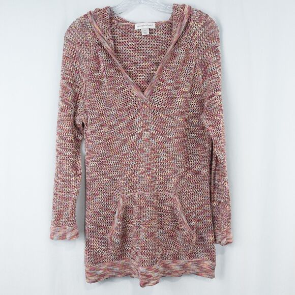 Christopher & Banks Open Knit Hooded Sweater Womens XL Cotton Beach Boho Rainbow - Picture 1 of 16
